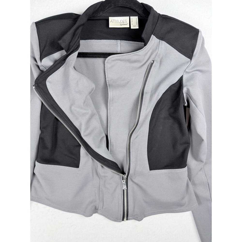 Attitudes by Renee Womens Grey Black Colorblock 90s Moto Jacket Mock Neck Size S - Picture 7 of 9